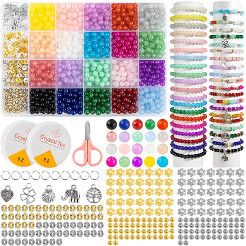 Newlibery 1258Pcs 6mm Glass Beads for Bracelet Making Kit,20 Colors Crystal Jewelry Bead,Craft DIY Set with Elastic String,Charms,Rings,Gift for G...