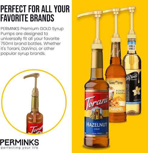6 pack Coffee Syrup Pump Dispenser (Gold) - Compatible with Torani, Davinci and Skinny Syrup Bottles (750 ml 25.4 oz Bottles)...