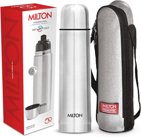 Milton Thermosteel Flip Lid 1000, Double Walled Vacuum Insulated Thermos 1000 ml | 34 oz | 1 Ltr | 24 Hours Hot and Cold Water Bottle with Cover, ...