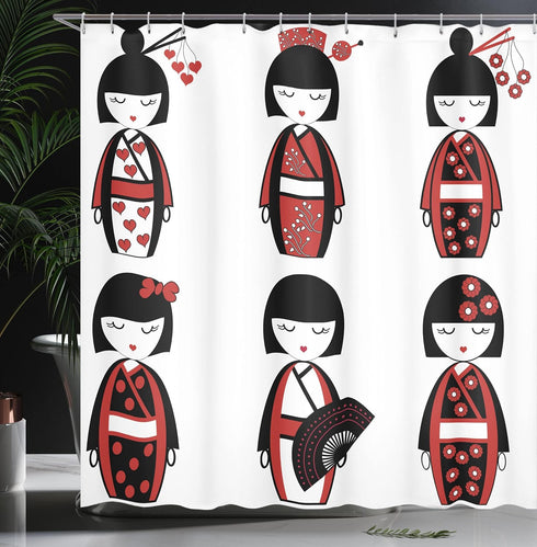 Ambesonne Ethnic Shower Curtain, Unique Geisha Dolls in Folkloric Costumes Outfits Hair Sticks Kimono Art Image, Cloth Fabric Bathroom Decor Set w...