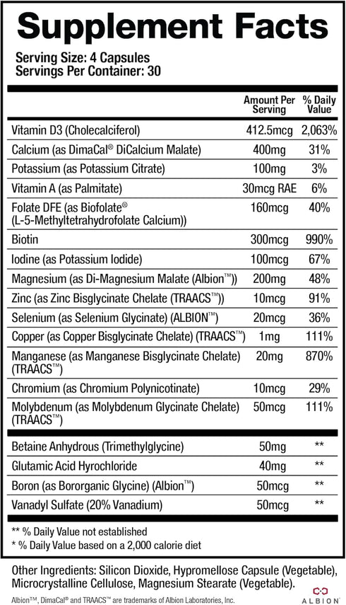 BioMatrix Mineral Supplement for Men and Women, Chelated Minerals | Iron-Free, Calcium, Magnesium, Copper, Zinc, Vitamin D, Iodine | Veggie Caps, ...