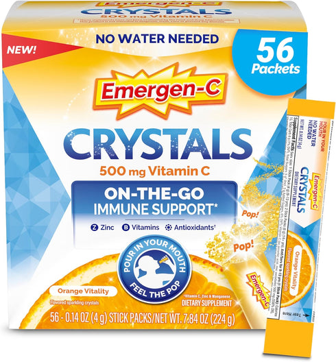 Emergen-C Crystals, On-The-Go Immune Support Supplement with Vitamin C, B Vitamins, Zinc and Manganese, Orange Vitality - 56 Stick Packs...