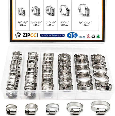 Hose Clamp Assortment, 45 Pack Stainless Steel Hose Clamps Kit Worm Gear Fuel Line Pipe Clamps (1/4 in to 1-1/8 in)...