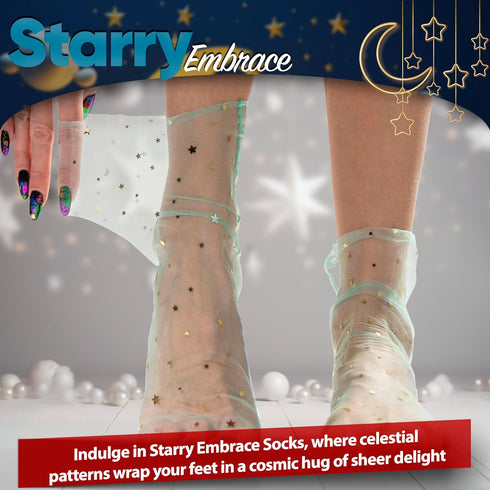 Magic Mint Frost: Women Sheer Slouch Tulle Socks | Shiny Glitter Novelty Decorated Loose Socks with Stars & Moon - Ankle High 1 Pair (US sizes 5-8...