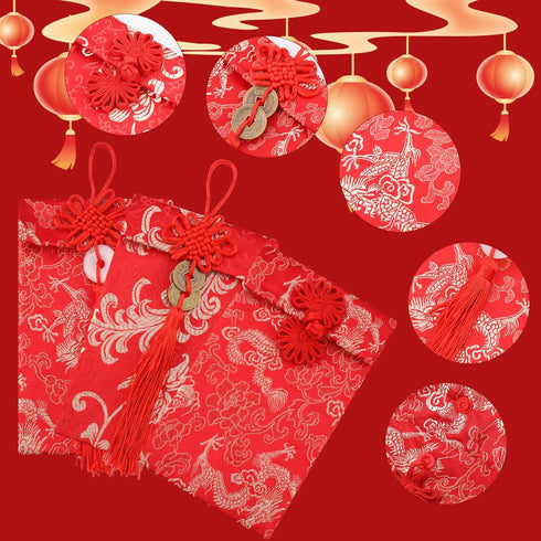 6pcs Silk Red Envelopes Chinese, Silk Hong Bao Chinese New Year Red Lucky Money Envelope with Traditional Patterns & Pendants Red Pocket for Sprin...