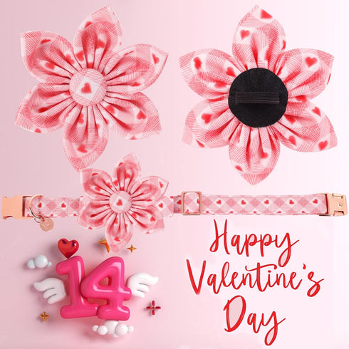 Valentine’s Day Dog Collar with Flower, Valentine Flower Collar Puppy Girl Dog or Cat, Valentine’s Day & Wedding Gift Pet Collar, Cotton Plaid Col...