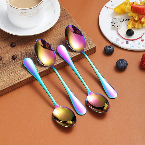 Rainbow Teaspoons 6.5" Set of 4, Berglander Stainless Steel Titanium Plating Shiny Mutil-Color Tea Spoons Silverware, Colorful Tea Spoon Small Des...