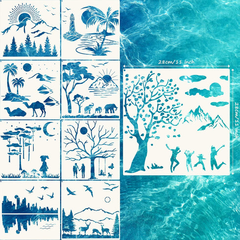 9 Pieces Forest Landscape Stencil Mountains Rivers Stencils with Metal Open Ring Reusable Human Nature Templates DIY Elephant Animal Drawing Templ...