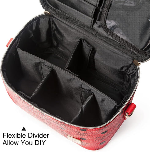LACATTURA Travel Makeup Bag for Women, Leather Toiletry Bag, Cosmetic Case with Adjustable Divider, Portable Make Up Organizer, Brush Holder with ...