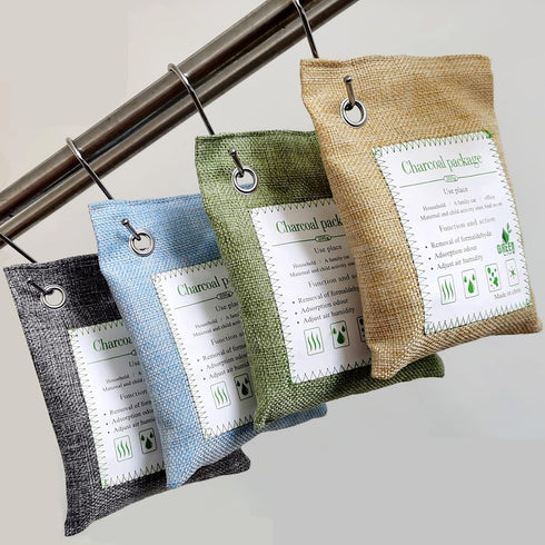 Bamboo Charcoal Bags Odor Absorber, 2 Packs 200g Charcoal Deodorizer Bags with Hooks, Nature Bamboo Charcoal Air Purifying Bags Activated Charcoal...