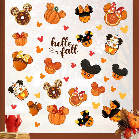 Mfault Hello Fall Cartoon Mouse Window Clings 4 Sheets, Autumn Pumpkin Doughnut Acorn Cupcake Stickers Decals Decorations, Maple Leaves Seasonal H...