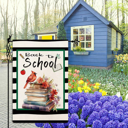 Back to School Garden Flag Cardinal Books Garden Flag First Day of School Vertical Double Sided Rustic Farmland Burlap Yard Lawn Outdoor Decor 12....