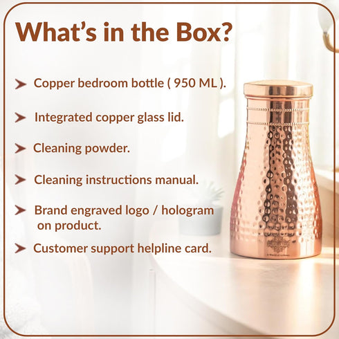 Indian Art Villa Pure Copper Bedroom Water Bottle With Inbuilt Glass & Hammered Shine Design, Drinkware, Storage Purpose, Volume-32 Oz...