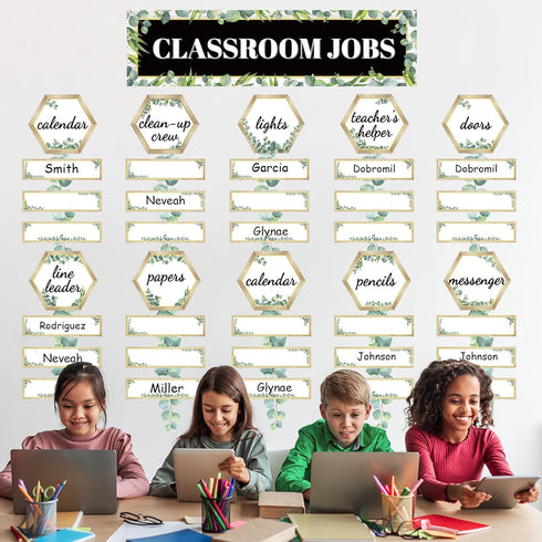 116pcs Eucalyptus Classroom Jobs Bulletin Board Set Classroom Teacher's Helper Charts Eucalyptus Cutouts Name Plates Kits Decorations for Bulletin...