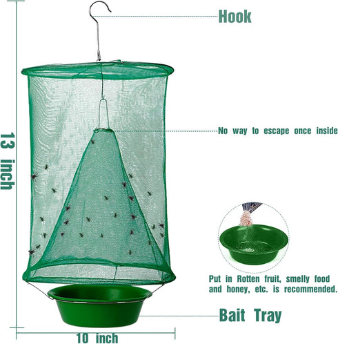 Ranch Fly Trap (4 Pack) with Adjustable Hanging Wire (2pcs) and Bait Tray | Indoor or Outdoor Fly Traps Hanging Cages for Farms, Park or Restauran...