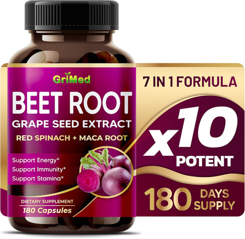 12,900mg Beet Root x12 Potency with Grape Seed Extract, Maca Root, Red Spinach, Ashwagandha - Healthy Energy Supplement for Heart Support (180 Cou...