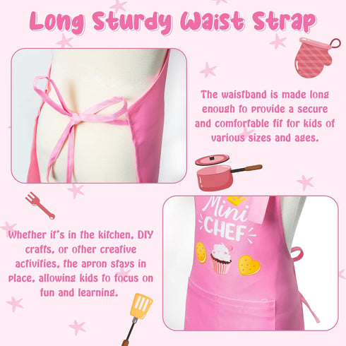 R HORSE Kid Apron and Chef Hat Set 2Pcs Adjustable Children Light Pink Kitchen Apron, Dress up Role Play Chef Toy Cooking Baking Painting and Trai...