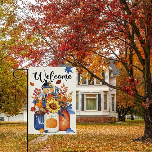 Welcome Fall Scarecrow Pumpkin Sunflower Garden Flag Double Sided, Autumn Harvest Mason Jar Decorative Yard Outdoor Home Small Decor, Maple Leaves...