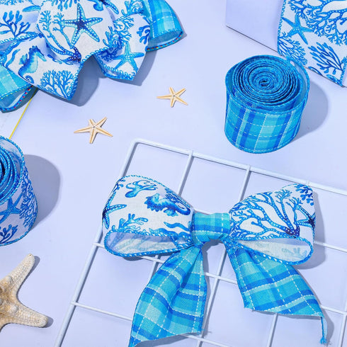Whaline 2 Rolls Summer Wired Edge Ribbon 2.5 Inch Seahorse Starfish Coral Craft Ribbon Blue Ocean Sea Fabric Ribbon for Bow Wreath Craft Gift Wrap...