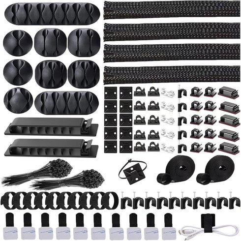 ELII 302PCS Cable Management Kit 4 Cable Sleeve,45Cable Clips,11Cable Holders,20+2Roll Cable Organizer Straps and 200 Fastening Cable Ties,20 Cabl...