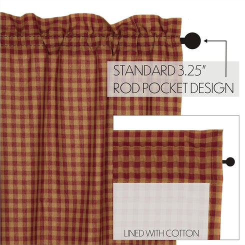 VHC Brands Check Cotton Primitive Kitchen Curtains Rod Pocket 16x60 Valance, Burgundy Red...
