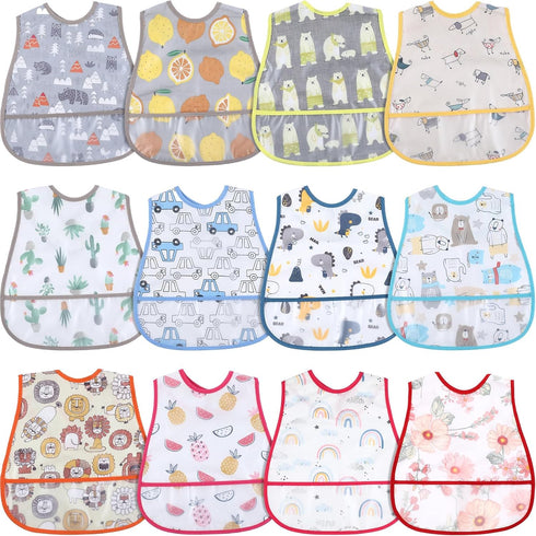 12 Pcs Baby Waterproof Bibs with Food Catcher Adjustable Snaps Plastic Feeding Bibs for Toddlers, 6 to 36 Months...