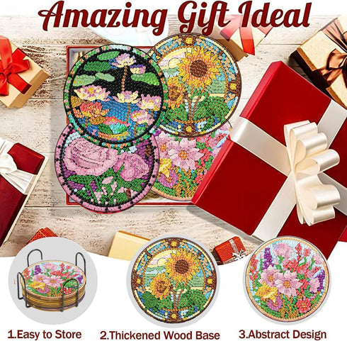 8 PCS Diamond Art Coasters-Flower Diamond Painting Coasters Kits with Holder,DIY Flowers Coasters Kit for Beginners Adults Art Craft Supplies Gift...
