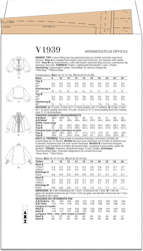 Vogue Misses' Loose-Fitting Top Sewing Pattern Packet, Design Code V1939, Sizes 8-10-12-14-16...
