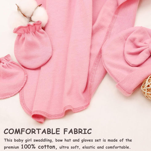 Baby Girl Newborn Receiving Blanket with Matching Bow Hat and Mittens Set Baby Swaddle Blanket Shower Swaddle Gift...