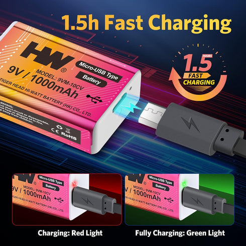 HW 9V Li-ion Rechargeable Battery, 9 Volt/1000mAh(9000mWh) Long Lasting Rechargeable Batteries with Micro-USB, 1000 Cycles Charge, 1.5 Hrs Fast Ch...