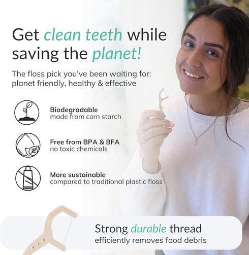 Natural Dental Floss Picks (200) - Vegan, Sustainable, Reusable Floss Sticks for Adults and Kids with Dental Pick - Plaque Remover for Teeth Clean...