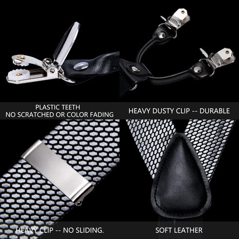 Barry.Wang Suspenders and Bow Tie Set for Men Solid Paisley Bowtie Y Shape Brace Handkerchief Cufflinks 6 Strong Clips...