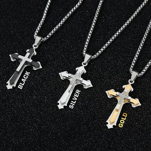 Cross Pendant for Car Rear View Mirror Decor Hanging Ornament Stainless Steel Three-layer Cross Necklace Amulet Jewelry Men Boys Christian Gift, S...