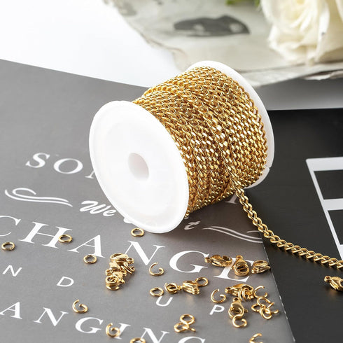 Kyutong 16.4 Feet Gold Plated Craft Chains for Jewelry Making Stainless Steel Curb Chain Roll Twisted Chain Links for Women Men Necklace Bracelet ...