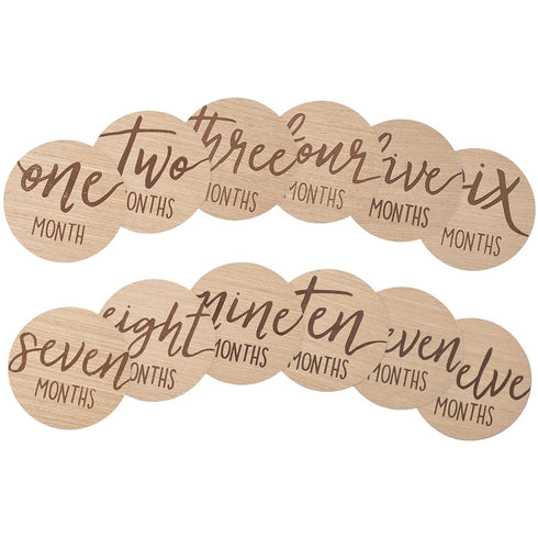 Kate & Milo Baby Monthly Milestone Marker Discs - Classic Cursive Script Wooden Discs with Reversible Photo Props for Baby Announcement and Milest...