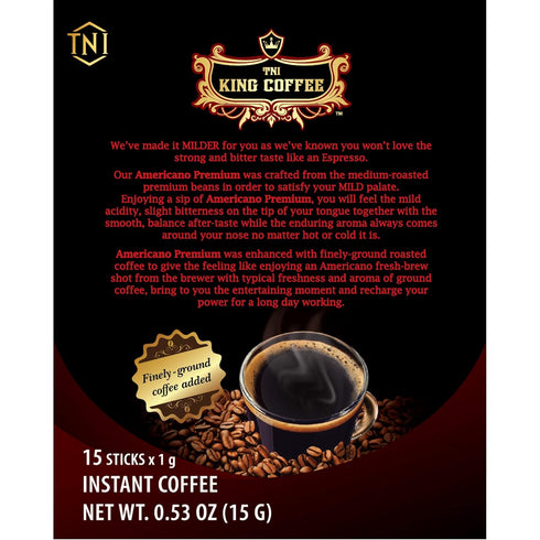 TNI King Coffee Americano Premium, Medium Roast Vietnamese Coffee, Finely-ground, Mild acidity, 15 sticks x 1g (0.04oz), Pack of 1...