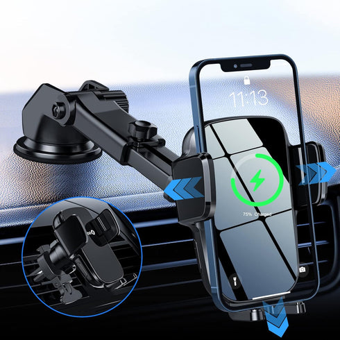 Wireless Car Charger Mount, 15W Fast Charging Auto-Clamping Car Phone Holder, Windshield Dashboard Air Vent Car Charging Holder for iPhone Samsung...