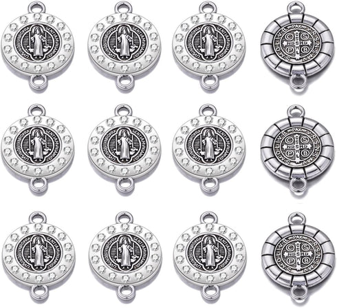 20pcs Antique Silver Rhinestone Religious Wear Saint Benedict Medallion Bracelet Connector Round Link Beads Jewelry Making Charms for DIY Necklace...