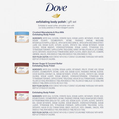 Dove Body Scrub Variety Pack –?Brown Sugar & Coconut Butter, Pomegranate Seeds & Shea Butter, Crushed Macadamia & Rice Milk, 10.5 Oz Ea (3 Piece S...