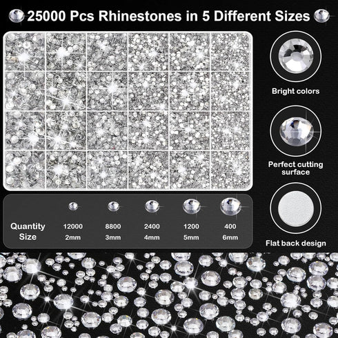 Cludoo 25000Pcs Silver Clear Rhinestones with b7000 Rhinestones Glue for Crafts, Flatback Gems Crystal Rhinestones Kit with Tweezer Picker Pens fo...