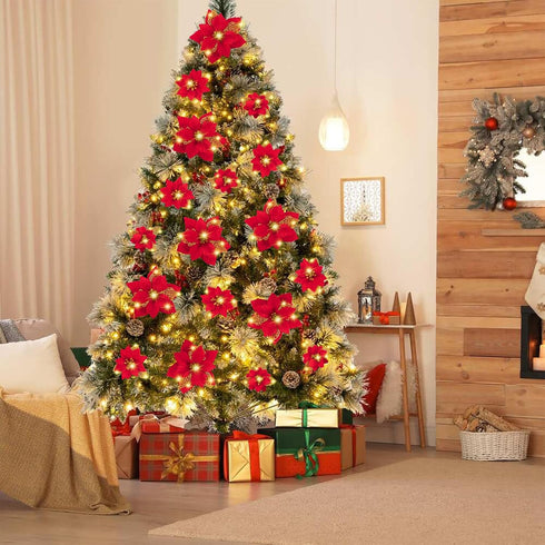 Geefuun 28PCS Christmas Tree Decorations: Poinsettias Artificial Flowers Ornaments Xmas Red Glitter Flower with Clips,3 Sizes Not Included Stems...