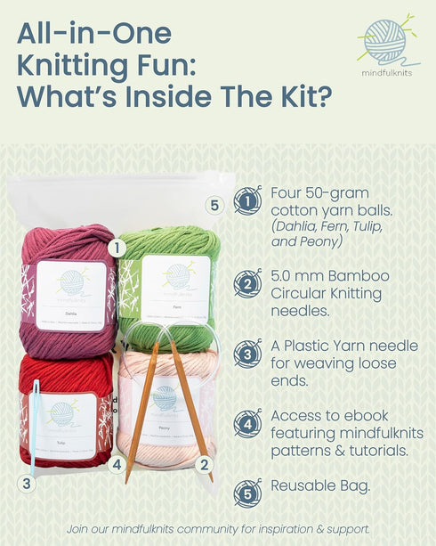 mindfulknits - Beginners Washcloth Knitting Kit - Includes 100% Cotton Knitting Yarn + Circular Knitting Needles & Yarn Needle (Flora Colored Cott...
