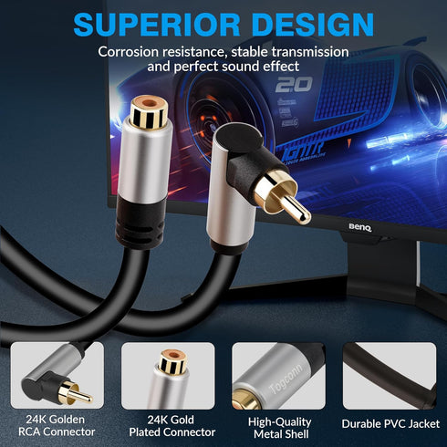 RCA Audio Extension Cable (2 Pack), 90 Degree RCA Male to Female Lead Cable, Digital Coaxial Audio Cable for Home Theater, HDTV, DVD, Amplifiers, ...