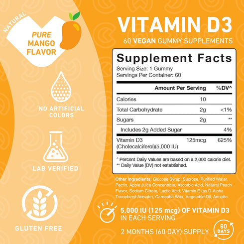 Vitamin D3 5000iu Gummies – D3 Supplement for Bone Health, Immune Health, Joint Muscle Support for Adults & Kids – Gluten Free, Non-GMO, Vegan – 6...