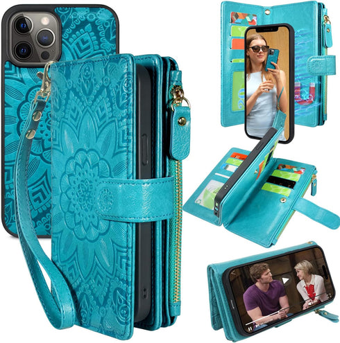 Harryshell Compatible with iPhone 12 Pro Max Case Wallet Detachable Magnetic Zipper Leather Cash Pocket 12 Card Slots Holder Wrist Strap Designed ...