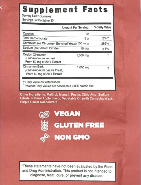 Sugar-Free Ceylon Cinnamon Complex Gummies Apple Cinnamon Flavor | Immune Support & Antioxidant Supplements | 2000mg Cinnamon Complex with Chromiu...