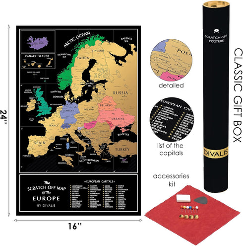 Scratch off Map of the Europe - Easy to Frame 24x16 European Travel Map Poster with Cities - Large Black and Gold Push Pin Travel Wall Maps - Scra...