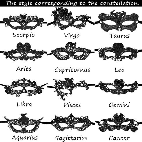 12 Pcs Constellations Lace Masks Women's Sexy Eye-mask for Ball Party Venetian Masquerade Costume - Black...