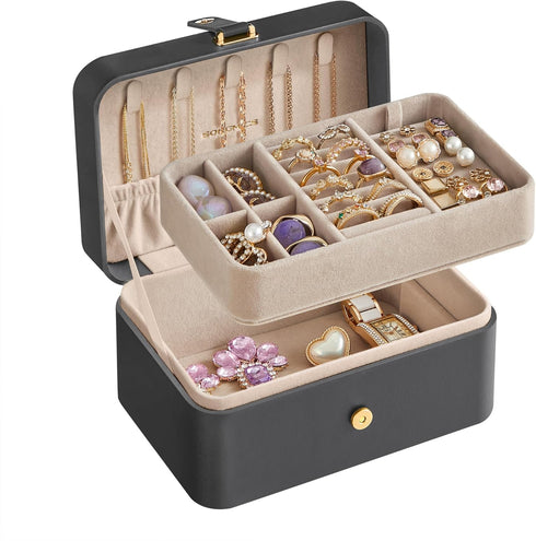 SONGMICS Jewelry Box, Travel Jewelry Case, 2-Layer Jewelry Holder Organizer, 4.6 x 6.3 x 3 Inches, Portable, Versatile Earring Storage, for Larger...