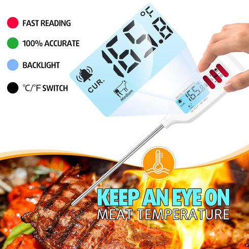 Meat Thermometer Digital, Food Thermometer for Cooking, Instant Read Thermometer for Kitchen, Outdoor BBQ Grill Thermometer with Backlight, Long P...
